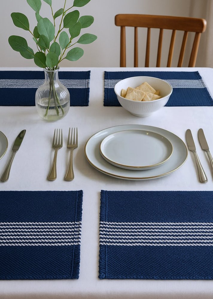 19" Set of Four Navy Blue And White Striped Cotton Placemats HomeRoots