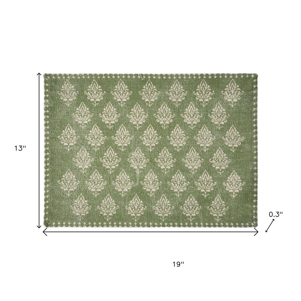 19" Set of Four Green And Cream Geometric Medallion Cotton Placemats HomeRoots
