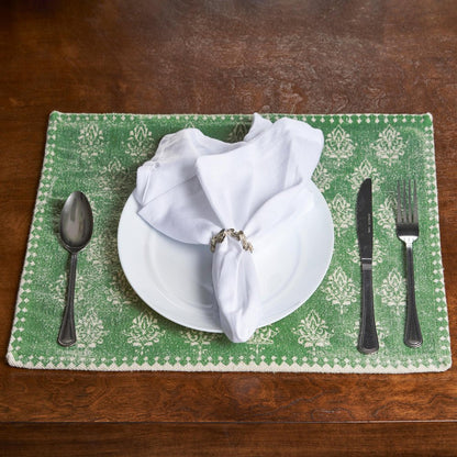 19" Set of Four Green And Cream Geometric Medallion Cotton Placemats HomeRoots