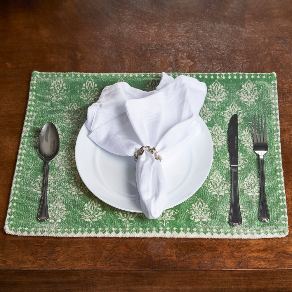 19" Set of Four Green And Cream Geometric Medallion Cotton Placemats HomeRoots