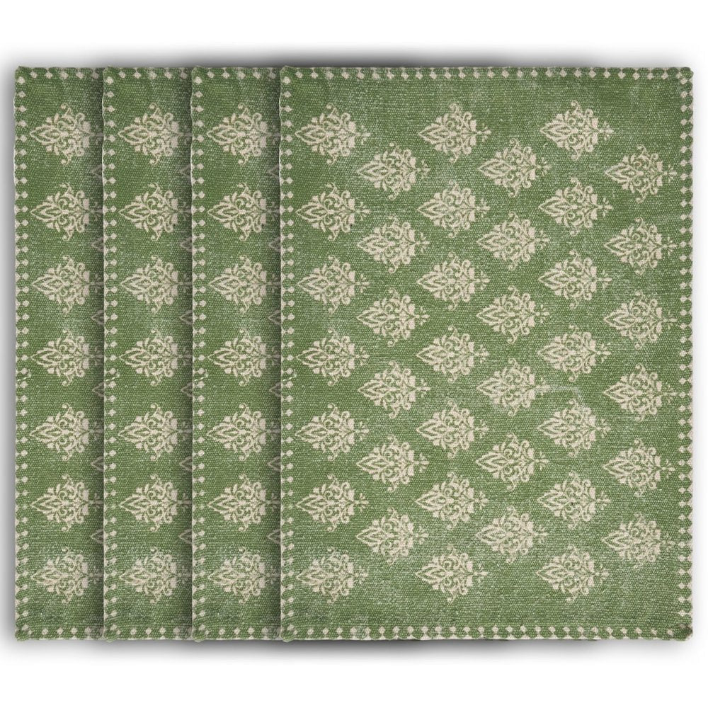 19" Set of Four Green And Cream Geometric Medallion Cotton Placemats HomeRoots