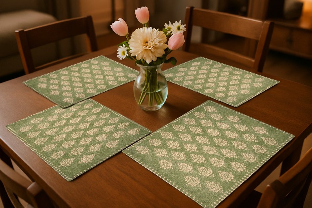 19" Set of Four Green And Cream Geometric Medallion Cotton Placemats HomeRoots
