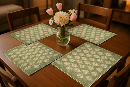 19" Set of Four Green And Cream Geometric Medallion Cotton Placemats HomeRoots