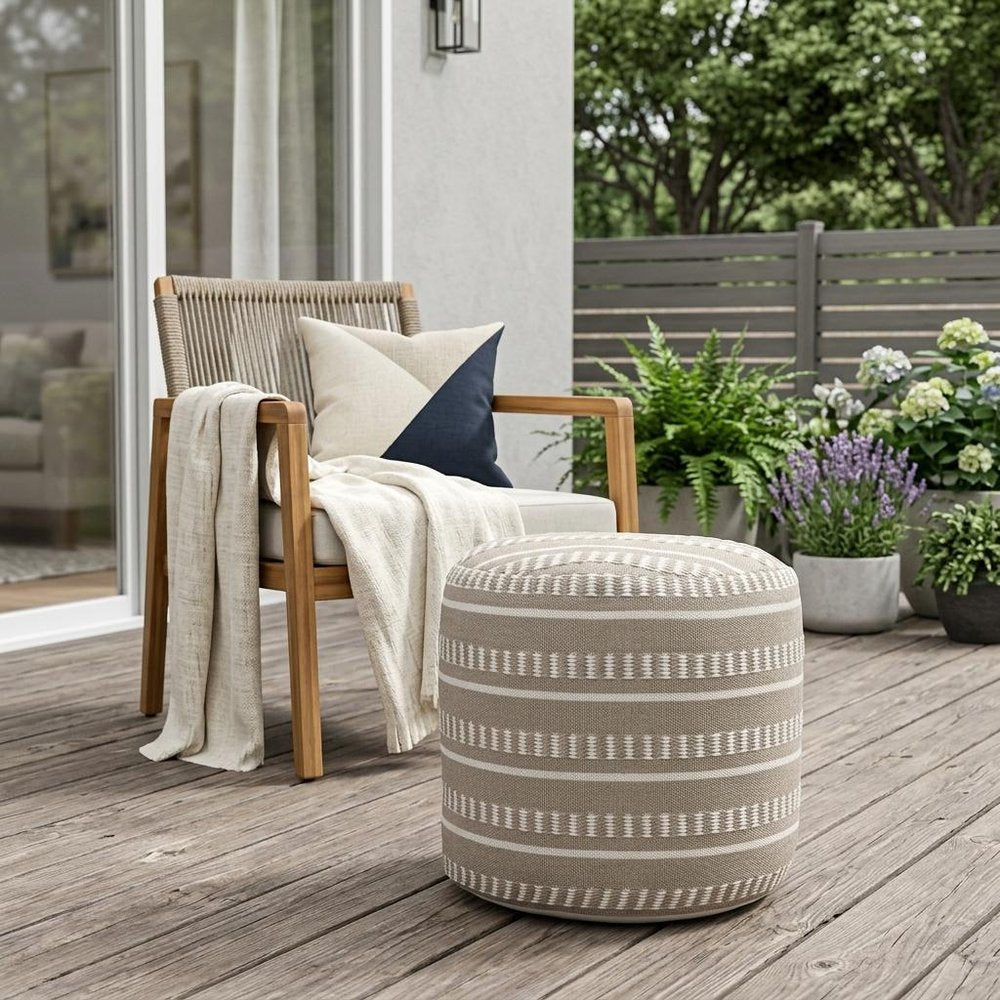 20" Blue Polyester Round Striped Indoor Outdoor Pouf Ottoman HomeRoots