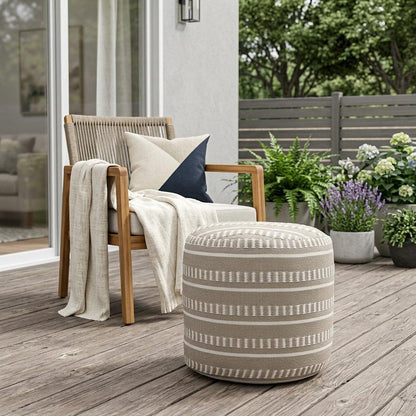 20" Blue Polyester Round Striped Indoor Outdoor Pouf Ottoman HomeRoots