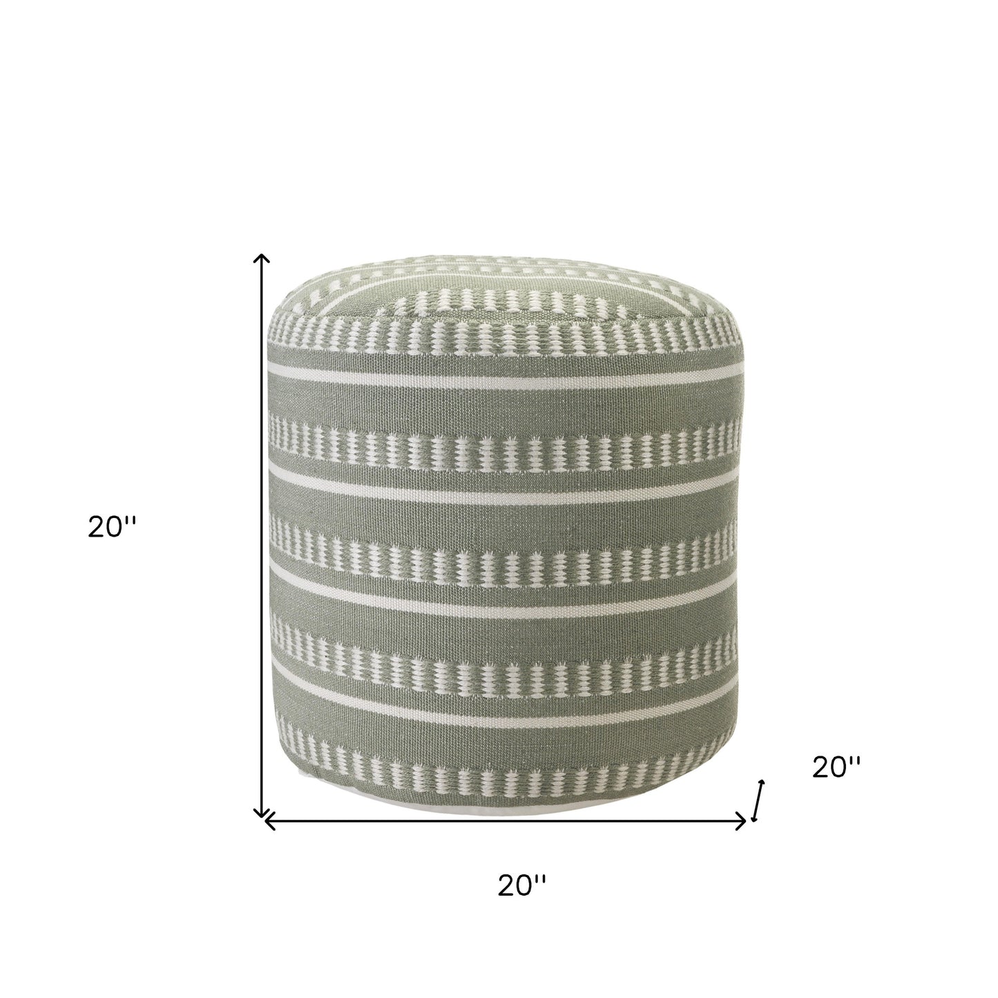 20" Green Polyester Round Striped Indoor Outdoor Pouf Ottoman