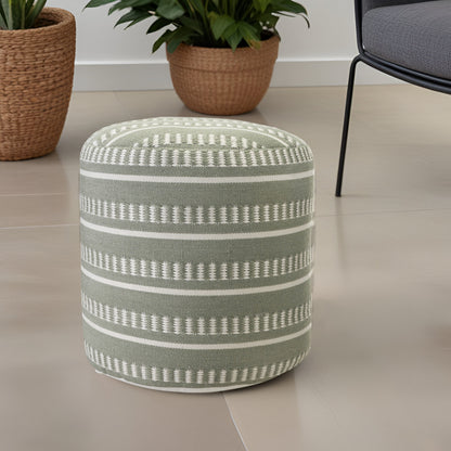 20" Green Polyester Round Striped Indoor Outdoor Pouf Ottoman