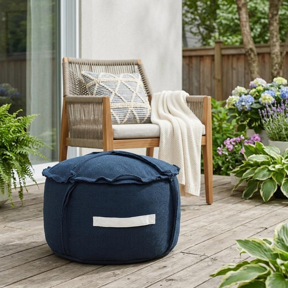 20" Blue Polyester Round Patchwork Indoor Outdoor Pouf Ottoman HomeRoots