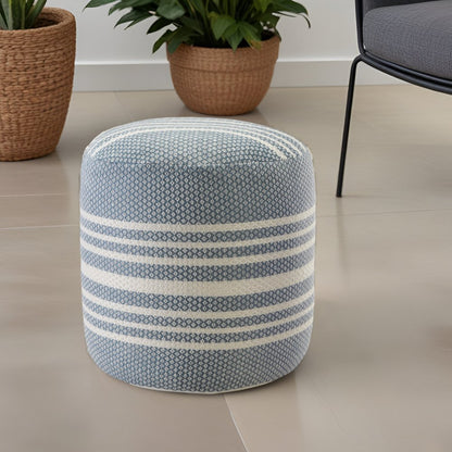 20" Blue Polyester Round Striped Indoor Outdoor Pouf Ottoman HomeRoots
