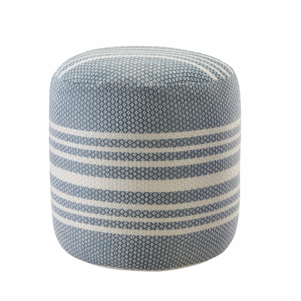 20" Blue Polyester Round Striped Indoor Outdoor Pouf Ottoman HomeRoots