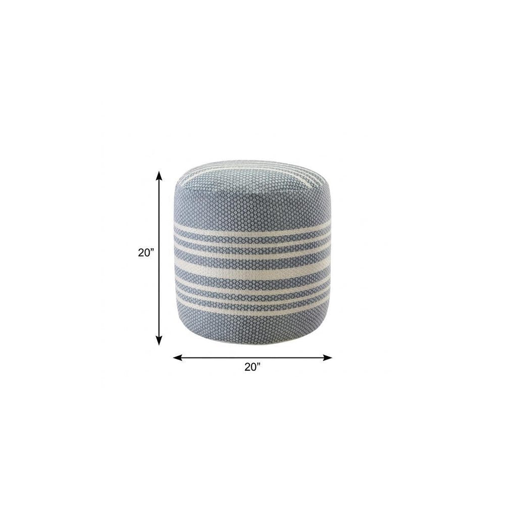 20" Blue Polyester Round Striped Indoor Outdoor Pouf Ottoman HomeRoots