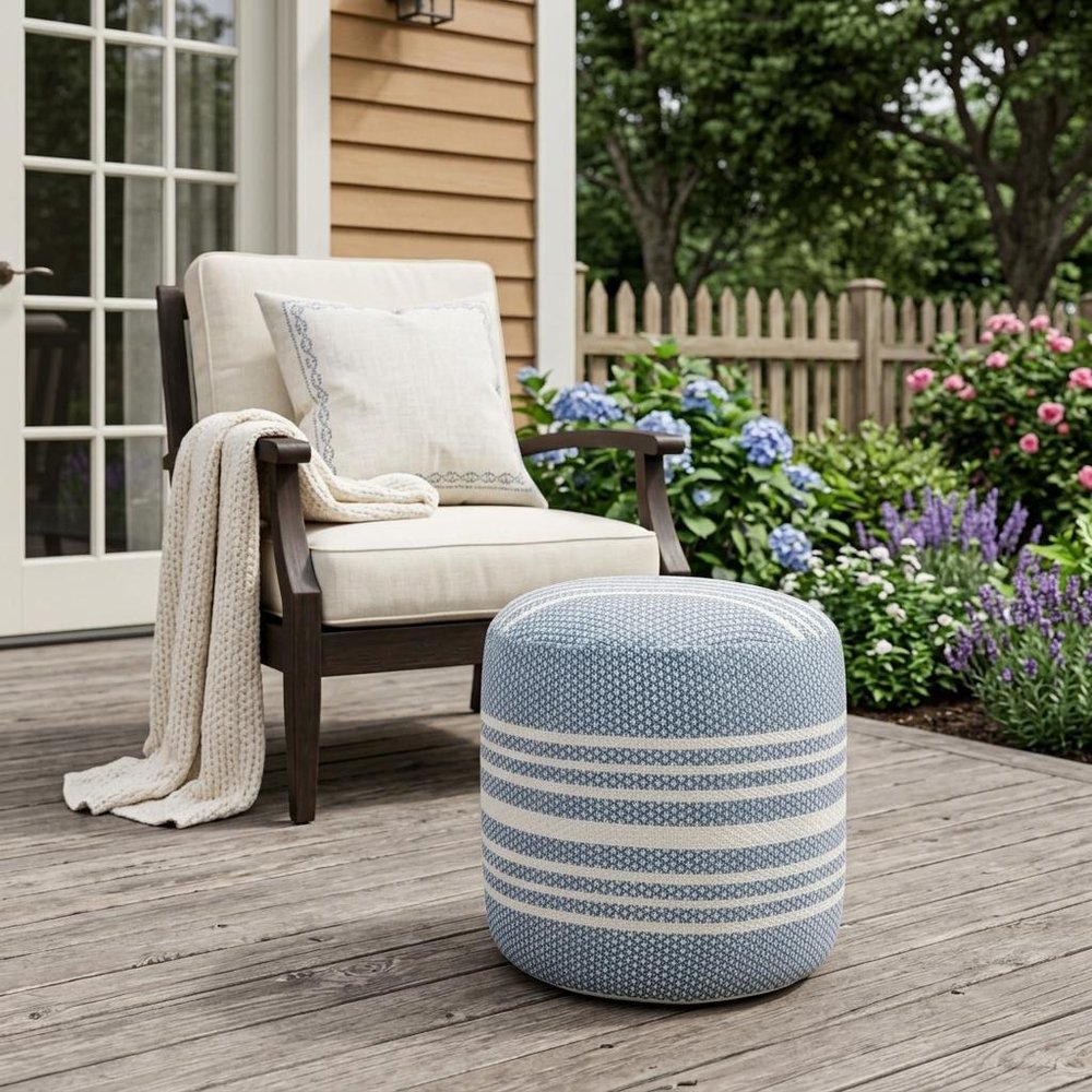 20" Blue Polyester Round Striped Indoor Outdoor Pouf Ottoman HomeRoots
