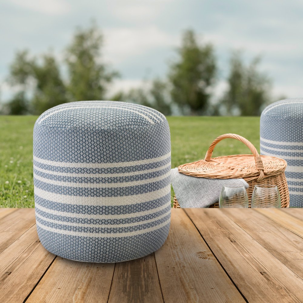 20" Blue Polyester Round Striped Indoor Outdoor Pouf Ottoman HomeRoots