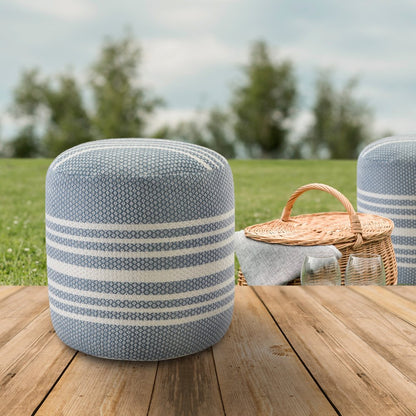 20" Blue Polyester Round Striped Indoor Outdoor Pouf Ottoman HomeRoots