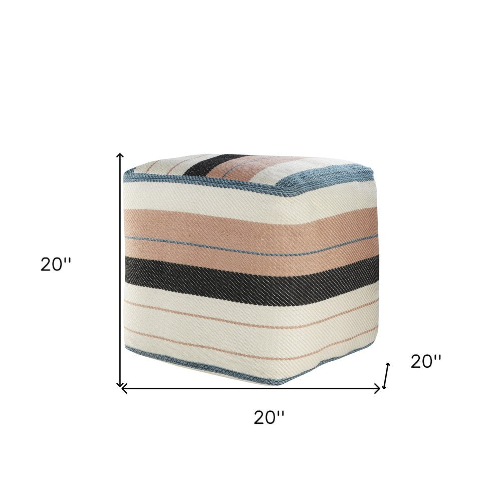 20" White Polyester Striped Indoor Outdoor Pouf Ottoman HomeRoots