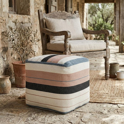 20" White Polyester Striped Indoor Outdoor Pouf Ottoman HomeRoots