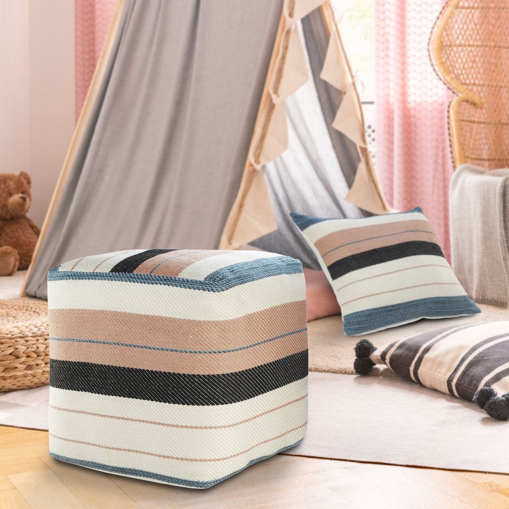 20" White Polyester Striped Indoor Outdoor Pouf Ottoman HomeRoots