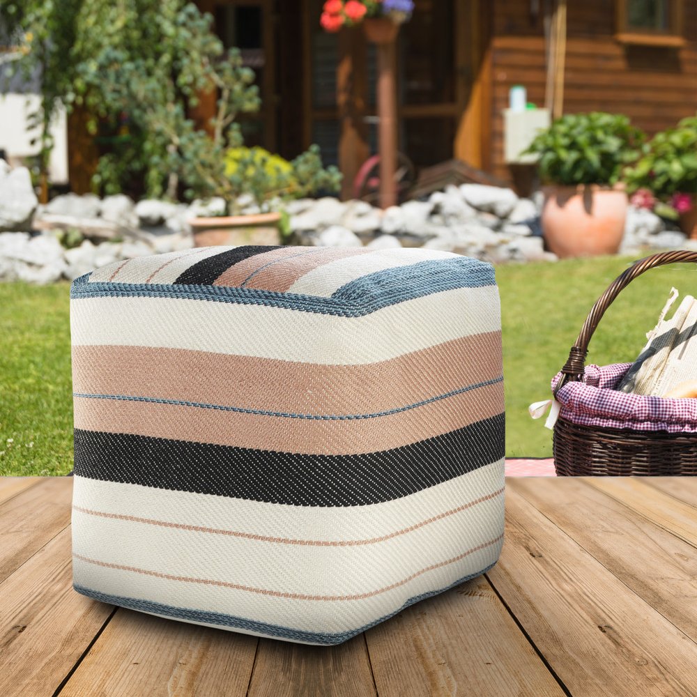 20" White Polyester Striped Indoor Outdoor Pouf Ottoman HomeRoots