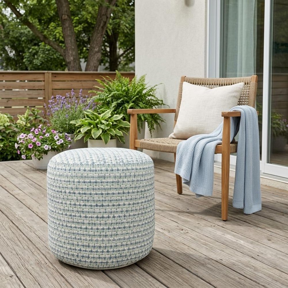 20" Blue Polyester Round Geometric Indoor Outdoor Pouf Ottoman HomeRoots