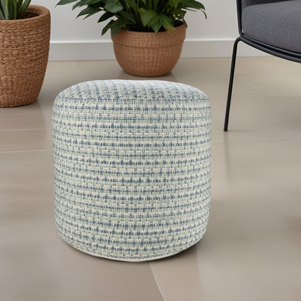 20" Blue Polyester Round Geometric Indoor Outdoor Pouf Ottoman HomeRoots