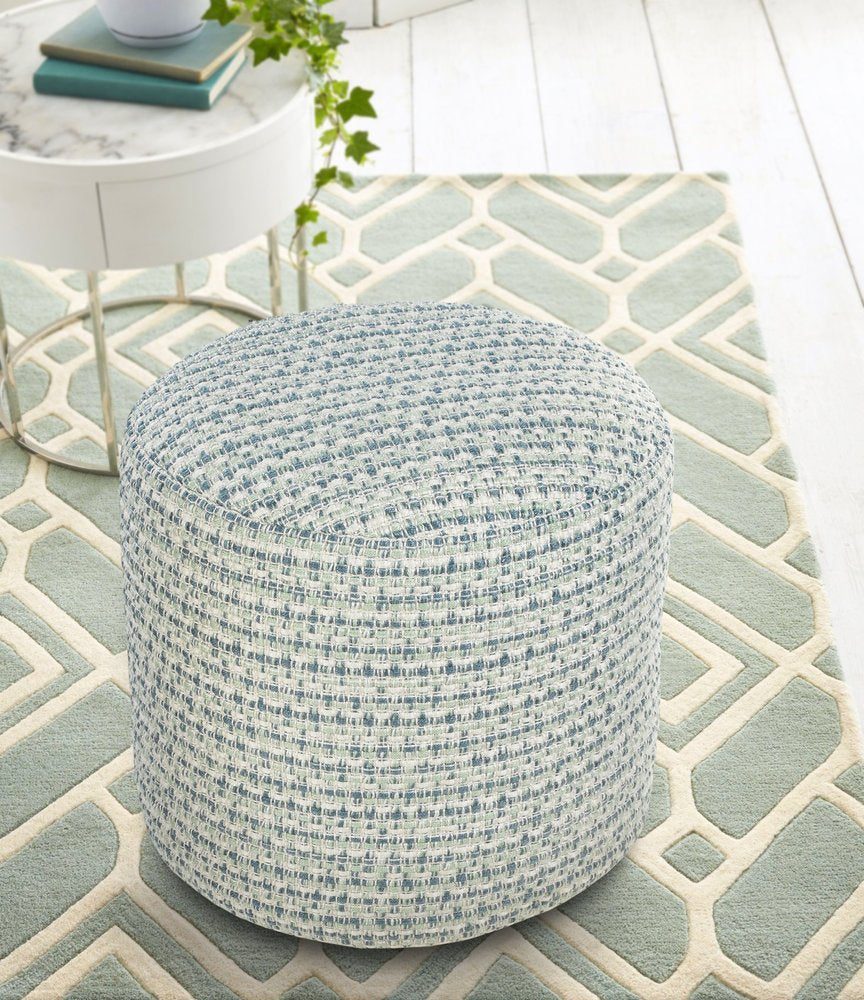 20" Blue Polyester Round Geometric Indoor Outdoor Pouf Ottoman HomeRoots