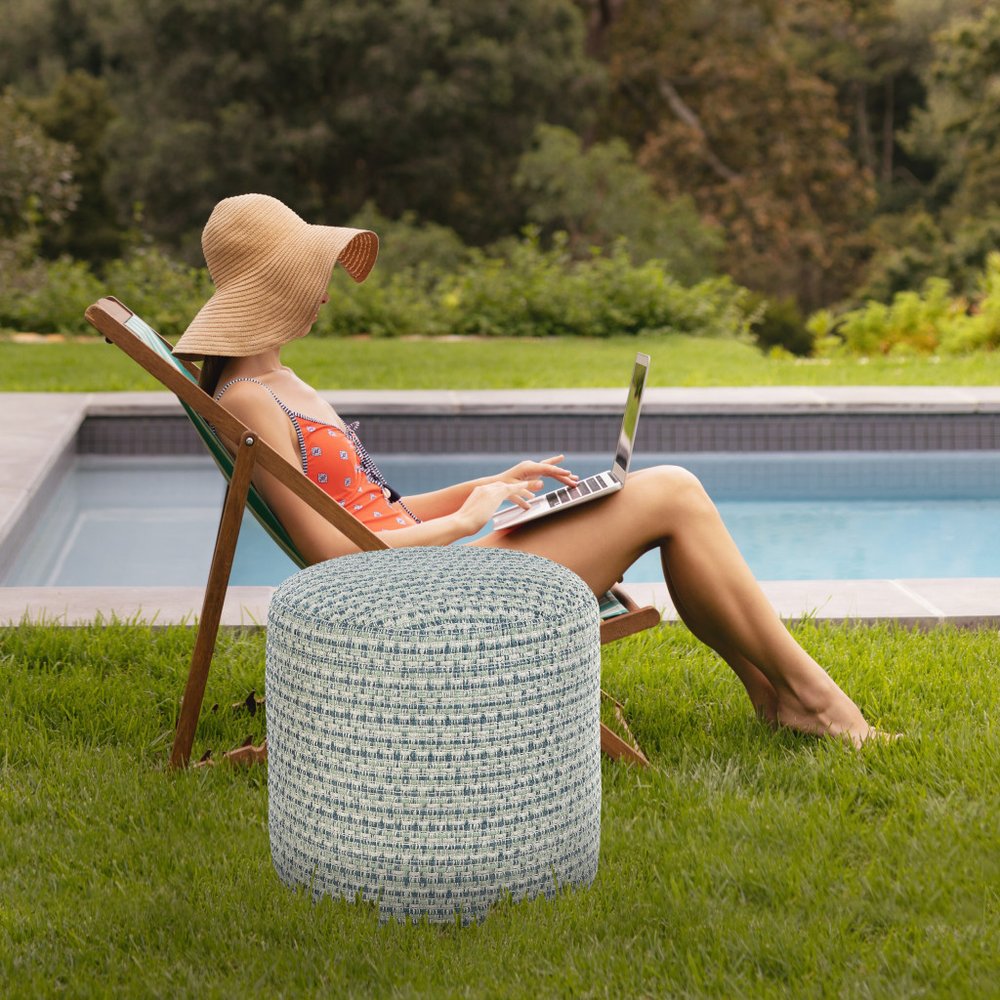 20" Blue Polyester Round Geometric Indoor Outdoor Pouf Ottoman HomeRoots