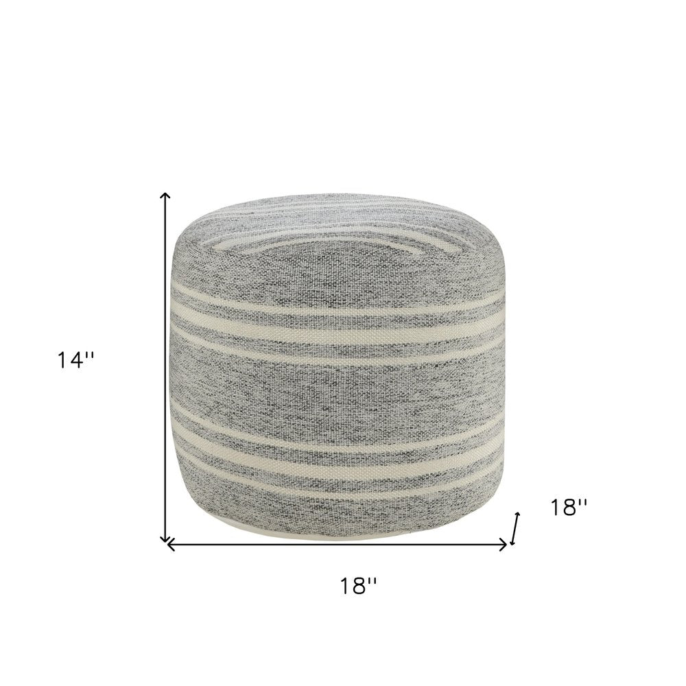 18" Gray Polyester Round Striped Indoor Outdoor Pouf Ottoman — view 1