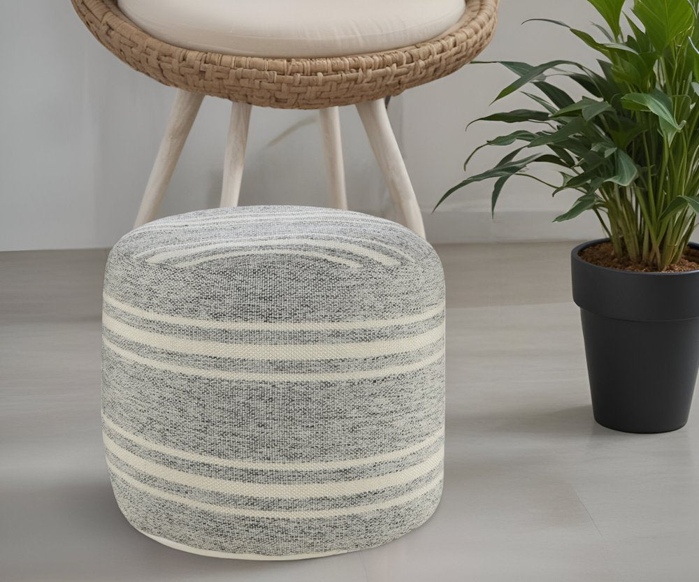 18" Gray Polyester Round Striped Indoor Outdoor Pouf Ottoman HomeRoots