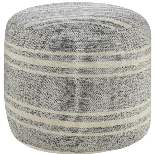18" Gray Polyester Round Striped Indoor Outdoor Pouf Ottoman HomeRoots