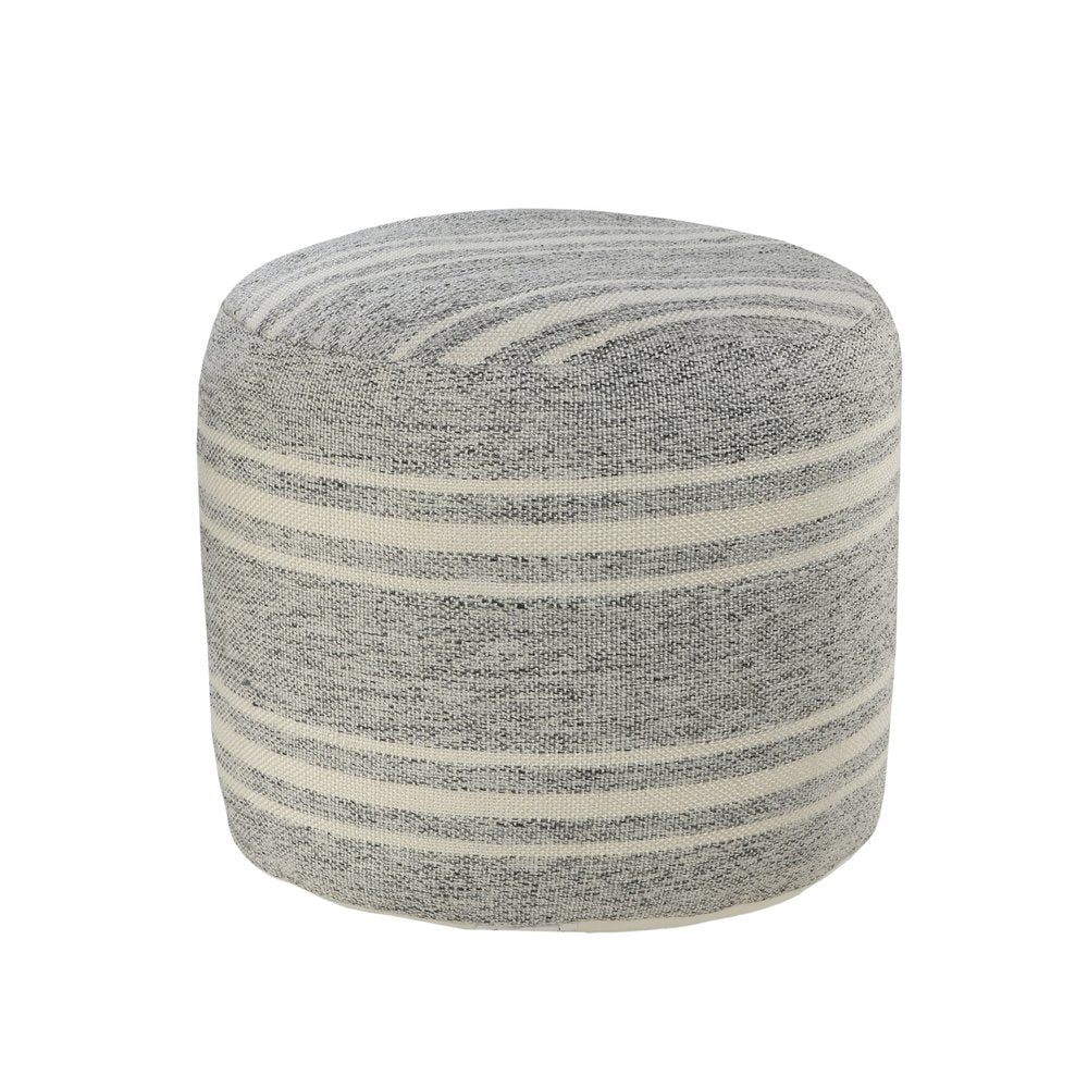 18" Gray Polyester Round Striped Indoor Outdoor Pouf Ottoman HomeRoots
