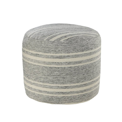 18" Gray Polyester Round Striped Indoor Outdoor Pouf Ottoman HomeRoots