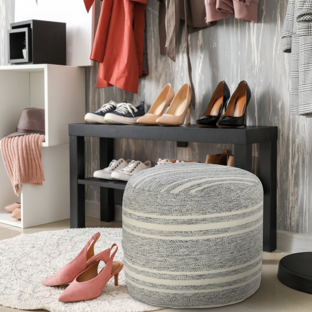 18" Gray Polyester Round Striped Indoor Outdoor Pouf Ottoman HomeRoots