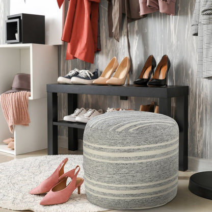 18" Gray Polyester Round Striped Indoor Outdoor Pouf Ottoman HomeRoots