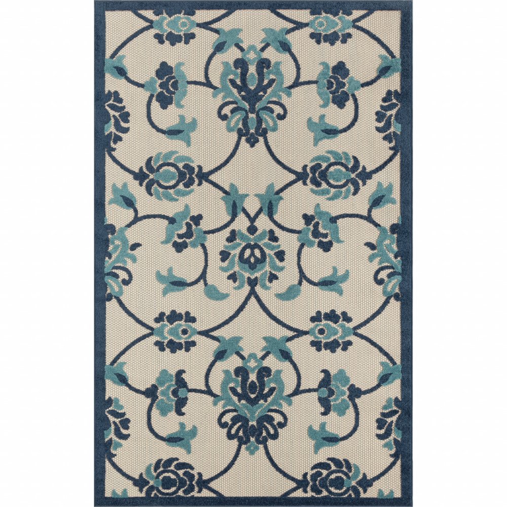 5' X 8' Blue And Orange Floral Non Skid Indoor Outdoor Area Rug — view 1