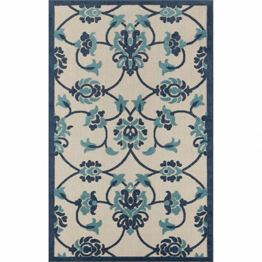 8' X 10' Blue Floral Non Skid Indoor Outdoor Area Rug