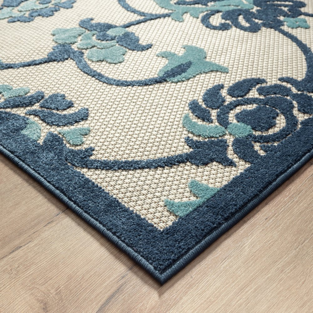 5' X 8' Blue And Orange Floral Non Skid Indoor Outdoor Area Rug
