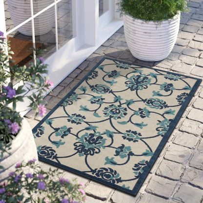 5' X 8' Blue And Orange Floral Non Skid Indoor Outdoor Area Rug