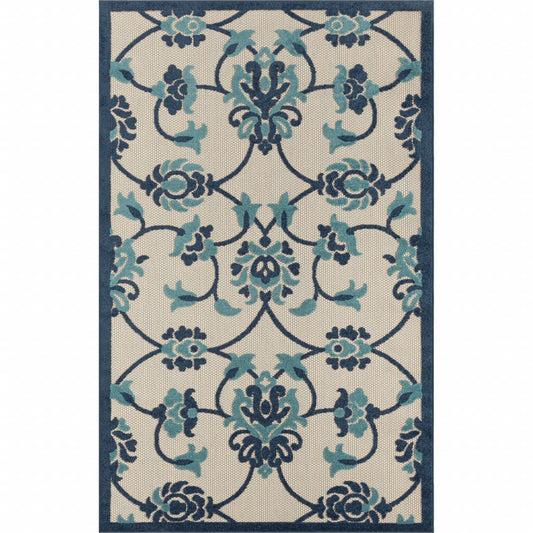 8' X 10' Blue Floral Non Skid Indoor Outdoor Area Rug