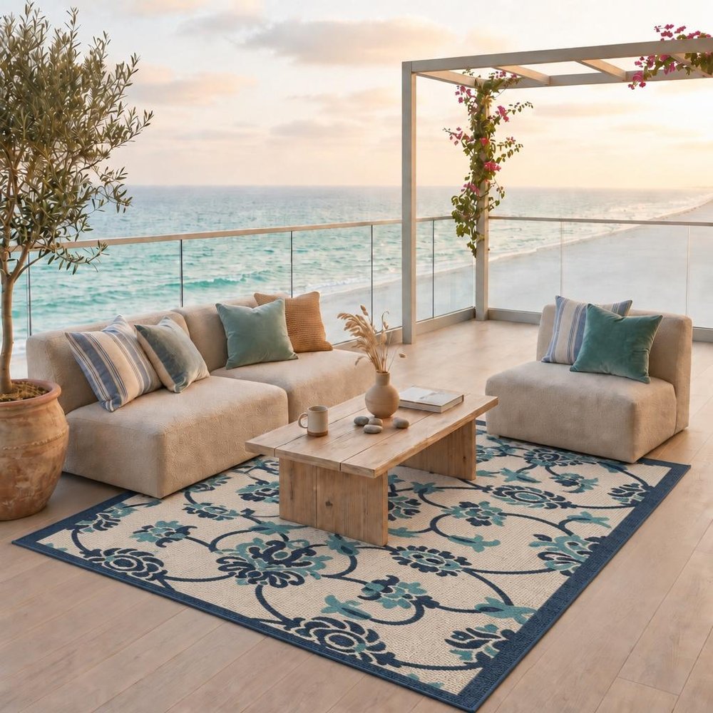 5' X 8' Blue And Orange Floral Non Skid Indoor Outdoor Area Rug