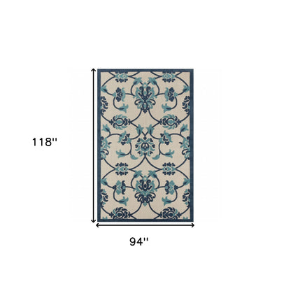 8' X 10' Blue Floral Non Skid Indoor Outdoor Area Rug