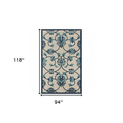 5' X 8' Blue And Orange Floral Non Skid Indoor Outdoor Area Rug