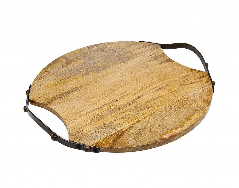 13" Natural Brown Round Wood and Metal Tray HomeRoots