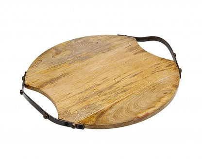 13" Natural Brown Round Wood and Metal Tray HomeRoots