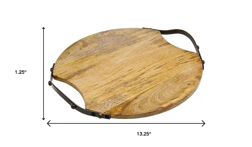 13" Natural Brown Round Wood and Metal Tray HomeRoots