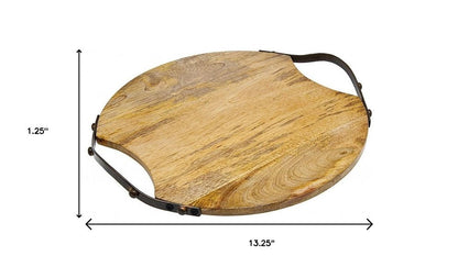 13" Natural Brown Round Wood and Metal Tray HomeRoots