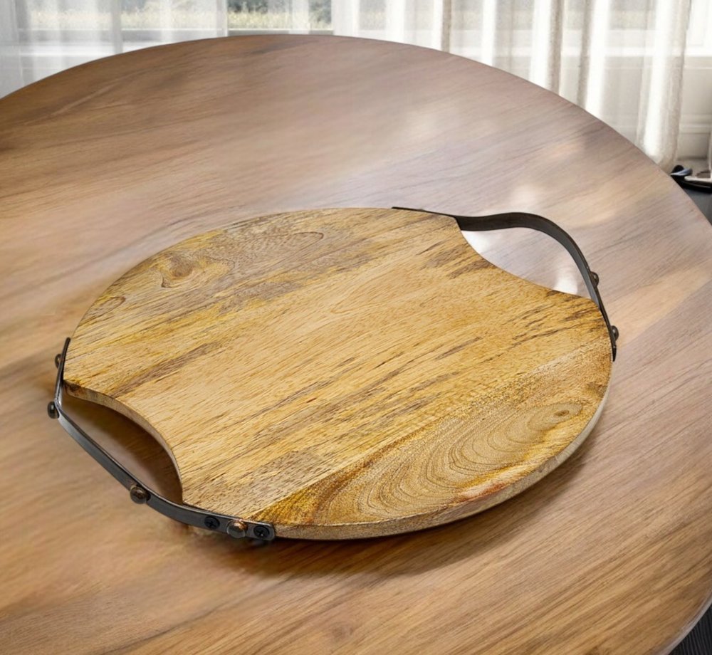 13" Natural Brown Round Wood and Metal Tray HomeRoots