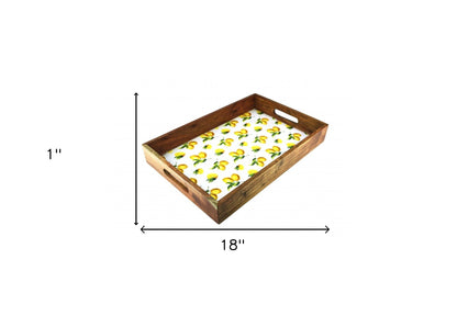 18" Brown and White Solid Wood Lemon Serving Tray With Handles