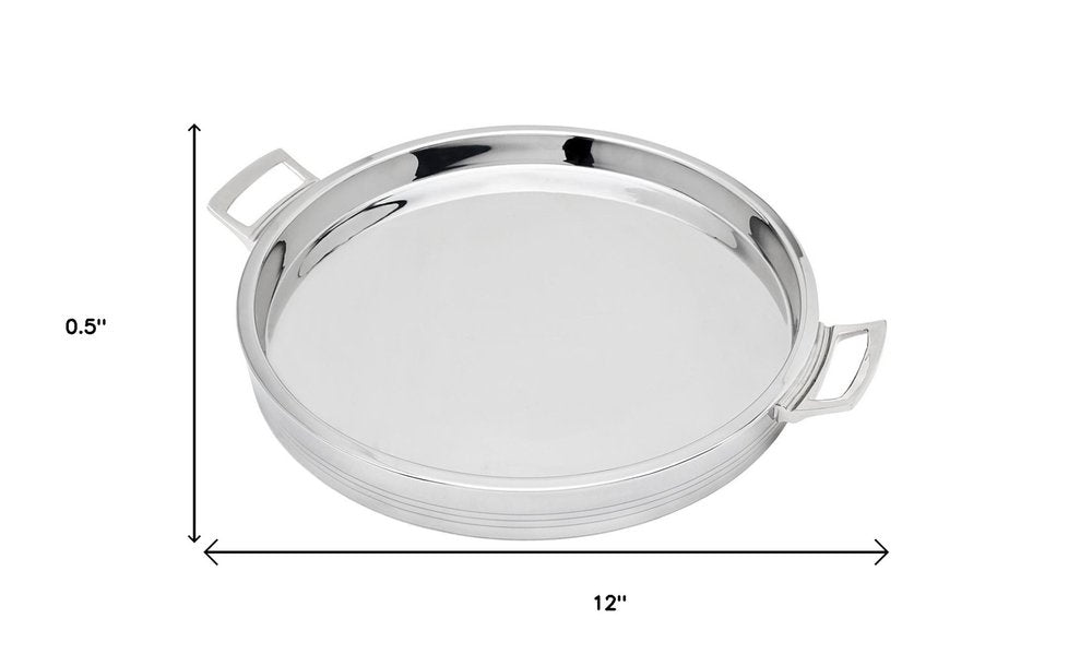 12" Silver Round Stainless Steel Serving Tray With Handles HomeRoots
