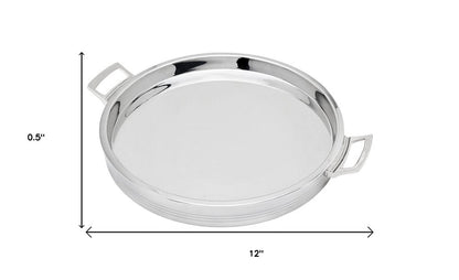 12" Silver Round Stainless Steel Serving Tray With Handles HomeRoots