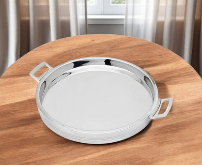 12" Silver Round Stainless Steel Serving Tray With Handles HomeRoots